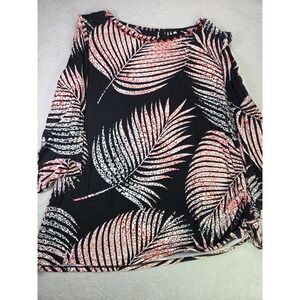 Ruby Rd Womens Large Tropical Palm Print Top Beaded Neckline Ruched Side Stretch